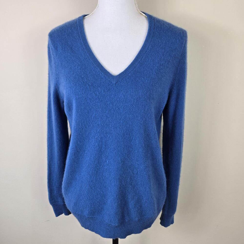 C By Bloomingdale's Sweater Womens Large Blue 100% Cashmere V Neck Pullover Knit